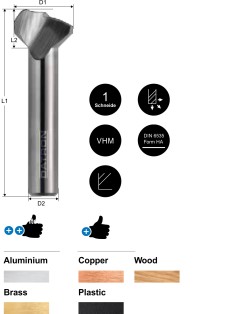 1-skärig Planfräs med avsats och med optimerad spånkanal för snabb och effektiv spånmatning. Passar för Aluminium, Mässing, Koppar, Trä och Plast